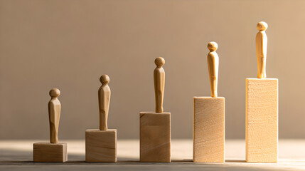 A line of wooden figures stand on different height blocks, representing growth and hierarchy.
