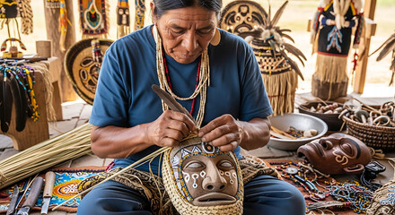 Native american artisan crafting a mask with feather and intricate beadwork in her workshop