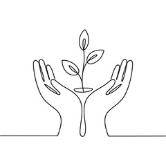 Hands nurturing a growing plant with continuous line art