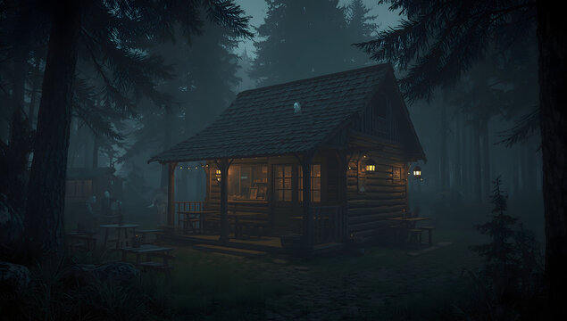 A secluded log cabin glows warmly amidst a dense, misty forest at night.