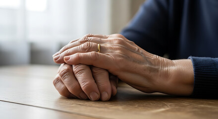 Close up of older person's hands clasped on a wooden table with a gold ring visible on one finger
