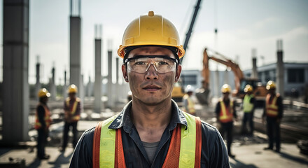 A construction worker wearing a hard hat and safety glasses on a construction site with other workers