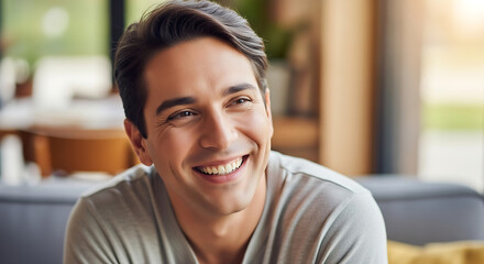 A smiling man with dark hair and a gray shirt sitting indoors with a blurred background behind him