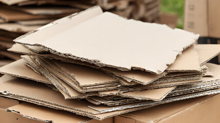 A large stack of flattened, corrugated cardboard boxes ready for recycling.

