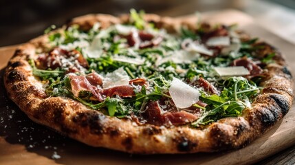 Neapolitan pizza with arugula, prosciutto, and shaved cheese on a wooden board