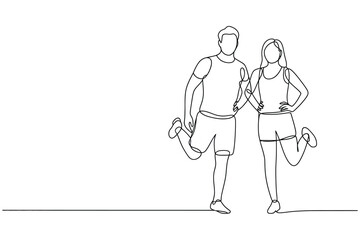 Couple exercising together with a continuous line drawing style