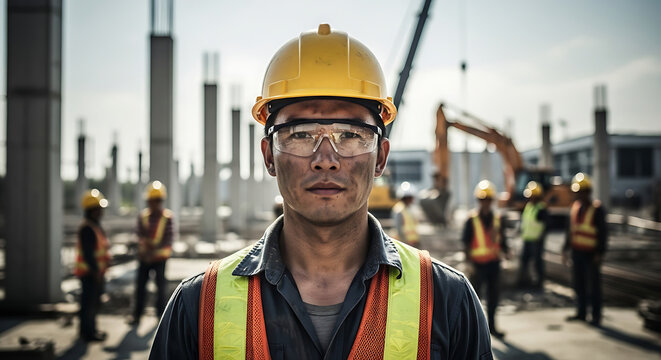 A construction worker wearing a hard hat and safety glasses on a construction site with other workers - Powered by Adobe