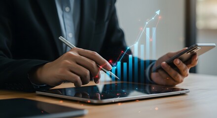 Business Analytics: Man Analyzing Financial Data on Tablet with Growth Chart Overlay