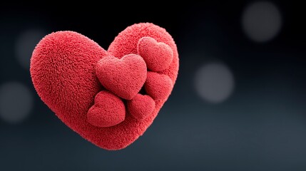 Fototapeta premium A cluster of fluffy red hearts on a dark textured background with bokeh