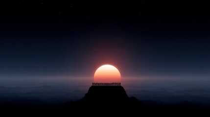 Obraz premium Silhouettes of people standing on a mountain peak watching a large sunrise over misty layered hills
