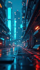 Futuristic city street at night, glowing with vibrant neon lights.