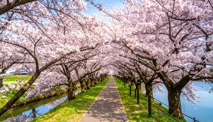 Obraz premium Cherry blossoms creating a tunnel over a path along a canal in Japan during springtime, showcasing the beauty of nature and the serenity of the landscape.