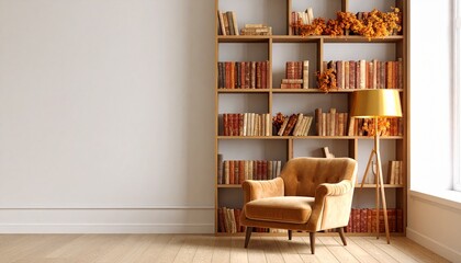 Cozy autumn reading nook with wide wall and lamp