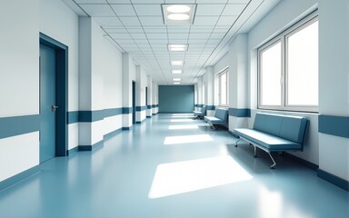 Long hospital bright corridor with rooms and seats 3D rendering. High quality