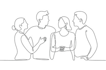 Four people in a continuous line drawing style discussing something