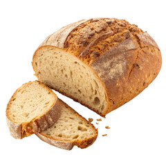 Rustic country bread loaf is sliced open, revealing its natural texture and crusty exterior. bread appears freshly baked, with golden brown crust and soft interior, evoking sense of warmth