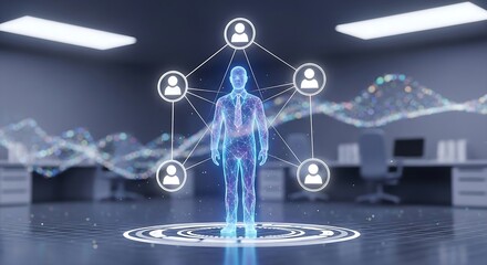Digital human network connecting people with data analysis in a futuristic office