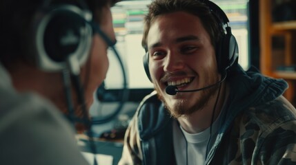 Obraz premium College radio dj smiling while speaking into a microphone in a studio. Happy young man co-hosting an audio broadcast with a guest. Two young content creators recording an internet podcast.
