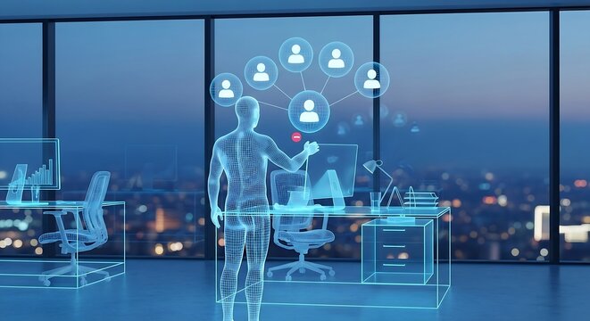 Digital human network connecting people with data analysis in a futuristic office