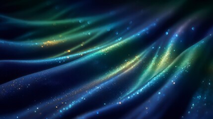 Deep blue and green silky fabric folds with shimmering golden and blue highlights