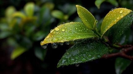 Obraz premium Detailed close up of fresh green leaves glistening with numerous water droplets after rain