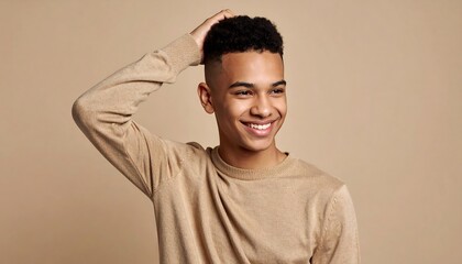 Happy Young Black Man Smiling with Touching Hair, Beige Background, and Portrait.