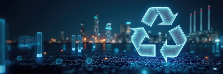 Futuristic recycling symbol displayed over a city skyline.