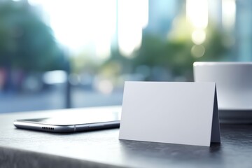 Blank business card displayed on a cafe table beside a smartphone and coffee cup in a city