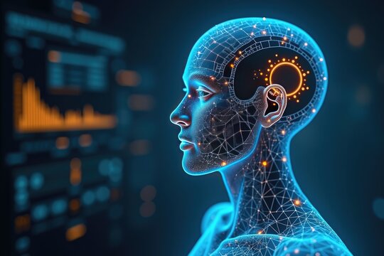 Profile view of a digital human head with network connections.