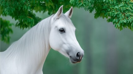 Obraz premium Elegant white horse profile with flowing mane and green leaves overhead