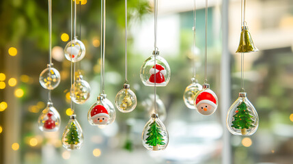 Four Christmas-themed ceramic coasters featuring Santa, a bell, a tree, and a snowman on a wooden tray