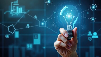 Hand holding a lightbulb with digital network graphic overlay.