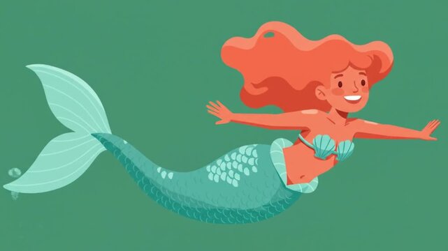 Swimming Cartoon Mermaid with Orange Hair on Green Background