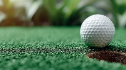 Naklejka premium Close up of a white golf ball resting on lush green golf course grass green grass