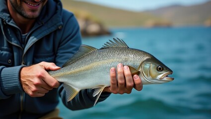Obraz premium Fisherman holds a freshly caught fish.