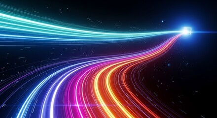 Colorful neon light trails forming abstract curved lines on dark background, symbolizing speed, data flow, and futuristic technology. Perfect for digital design, sci-fi, and innovation themes.