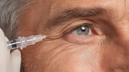 A man is getting ready to get Botox for crow's feet or laugh lines wrinkles by a aesthetic doctor in a clinic.