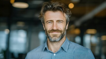 Obraz premium Bearded man with blue striped shirt smiles confidently in a blurred office background