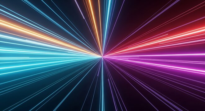 Colorful neon light trails forming abstract curved lines on dark background, symbolizing speed, data flow, and futuristic technology. Perfect for digital design, sci-fi, and innovation themes.