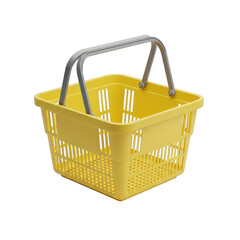 Bright yellow plastic shopping basket with metal handle for grocery stores and retail transparent background