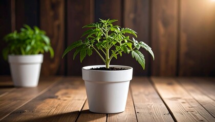 Two small tomato plants in white pots on a wooden surface