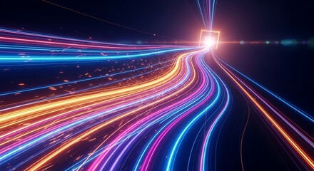 Colorful neon light trails forming abstract curved lines on dark background, symbolizing speed, data flow, and futuristic technology. Perfect for digital design, sci-fi, and innovation themes.