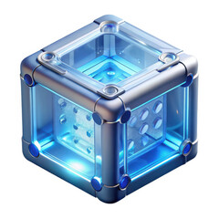 Futuristic glowing cube with metallic frame and transparent panels isolated on transparent background