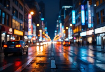 Abstract blurred view of a busy city street at night with neon lights