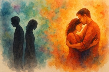 Emotional couple therapy session with silhouettes showing reconciliation journey from conflict to understanding