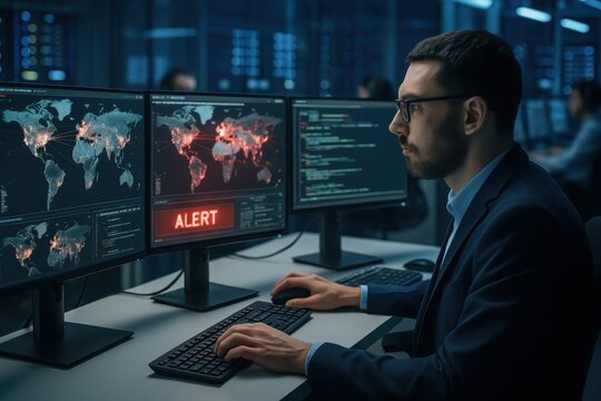 Elite security analyst defending against live cyber attack in state-of-the-art operations center