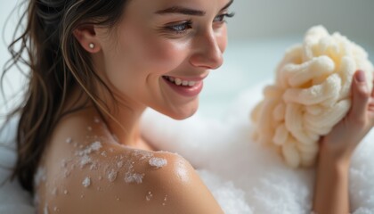 Joyful woman enjoying a bubble bath