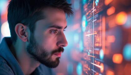 Focused man analyzing digital data on a glowing screen