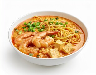 Malaysian curry laksa noodle soup isolated on white
