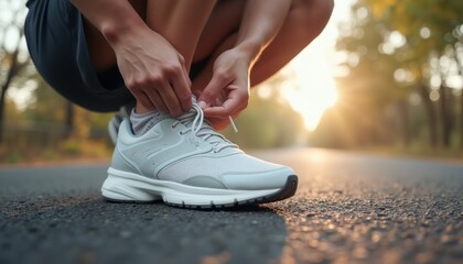 Naklejka premium Runner tying shoelaces at sunset